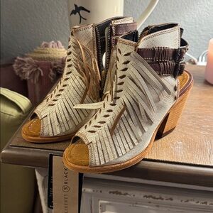 New with Box LIBERTY Black Fringe Heeled Boots - Brown and Cream